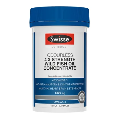 Swisse Ultiboost 4 X Strength Omega-3 Odourless Wild Fish Oil 1800mg Concentrate 60 Capsules